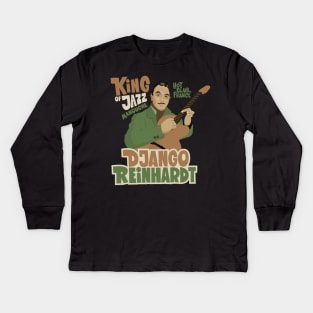 Django Reinhardt: A Jazz Guitar Legend Brought to Life with this Captivating Illustration. Kids Long Sleeve T-Shirt